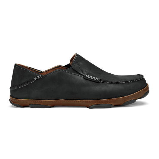Men OluKai Moloā Men's Leather Slip On Shoes - Black / Toffee