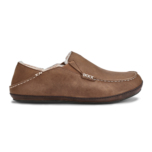 Men OluKai Moloā Men's Leather Slippers - Toffee / Dark Wood