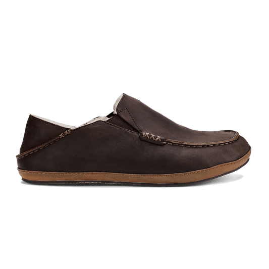 Men OluKai Moloā Men's Nubuck Leather Slippers - Dark Wood