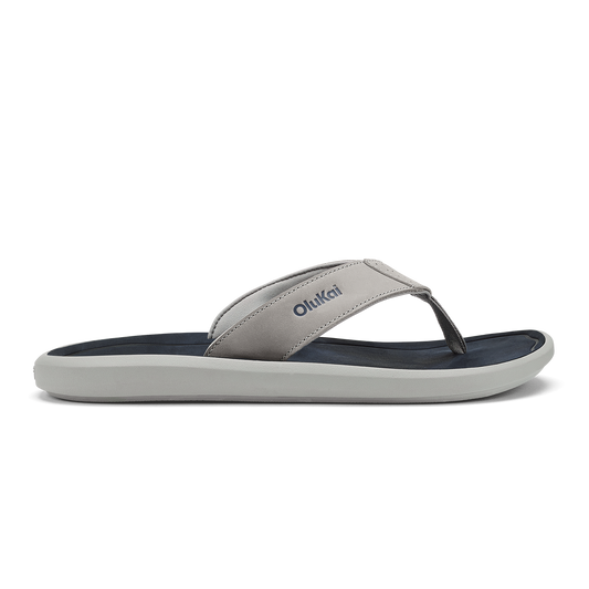 Men OluKai Pili Men’s Waterproof Leather Sandals - Ash / Mood Indigo