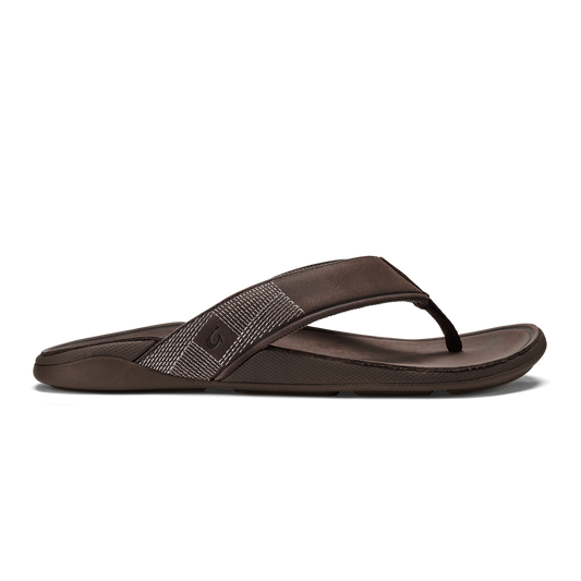 Men OluKai Tuahine Men's Waterproof Leather Beach Sandals - Dark Wood