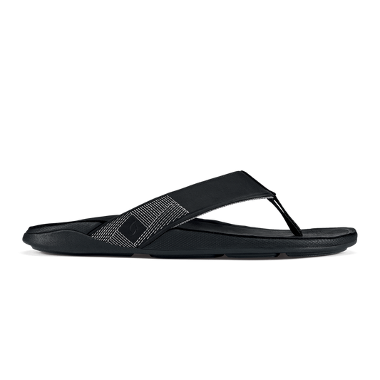 Men OluKai Tuahine Men's Waterproof Leather Beach Sandals - Black