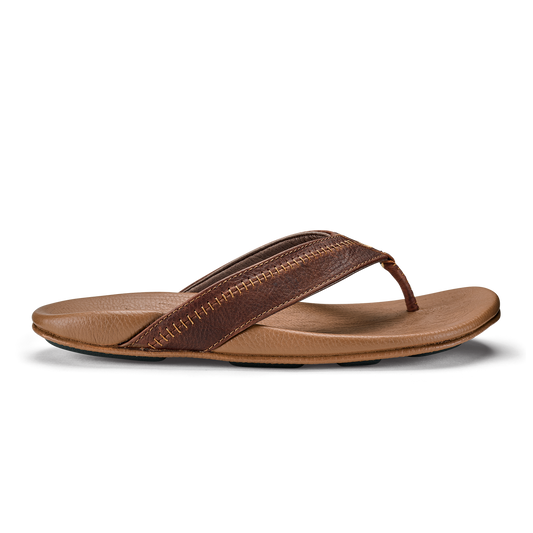 Men OluKai Hiapo -Dark Java / Toffee Men’s Leather Beach Sandals